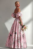 Vestido largo de dama de honor rosa sin tirantes sin tirantes con mangas abullonadas