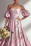 Vestido largo de dama de honor rosa sin tirantes sin tirantes con mangas abullonadas