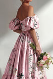 Vestido largo de dama de honor rosa sin tirantes sin tirantes con mangas abullonadas