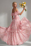 Vestido largo de dama de honor largo de gasa con volantes en línea A-line rosa amarillo rosado