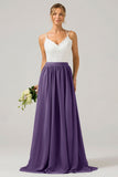 Vestido de dama de honor largo de gasa boho con espalda abierta de pino con encaje
