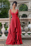 Vestido largo de dama de honor con tirantes de espagueti de línea Eucalipto A con volantes