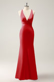 Vestido largo de dama de honor de satén con cuello en V de sirena Eucalipto