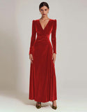 Vestido formal de terciopelo oliva con cuello en V y mangas largas