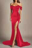 Vestido formal negro sirena con hombros descubiertos y abertura