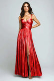 Vestido formal plisado metálico Sliver A Line con abertura