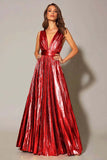Vestido formal plisado en línea A metálico dorado