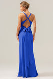 Vestido de dama de honor largo fruncido de satén fruncido con cuello en V de sirena Eucalipto con encaje en la espalda