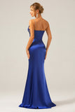 Vestido largo plisado de tirantes de satén azul polvoriento sirena