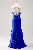 Vestido largo de dama de honor de gasa con volantes halter de sirena de Salvia polvorienta