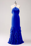 Vestido largo de dama de honor de gasa con volantes halter de sirena de Salvia polvorienta