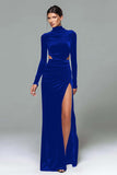 Vestido de fiesta de terciopelo negro de cuello alto con mangas largas y abertura