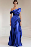 Vestido formal fruncido de satén de un hombro sirena gris azul con volantes
