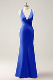 Vestido largo de dama de honor de satén con cuello en V de sirena Eucalipto