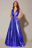 Vestido formal plisado en línea A metálico dorado