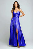 Vestido formal plisado metálico Sliver A Line con abertura