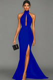 Vestido elegante negro de satén con cuello halter y corte sirena