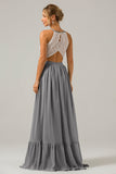 Vestido de dama de honor largo de gasa boho ojo de cerradura de plata con encaje