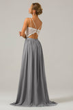 Vestido de dama de honor largo de gasa boho con espalda abierta de plata con encaje