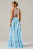 Vestido de dama de honor largo de gasa boho ojo de cerradura de plata con encaje