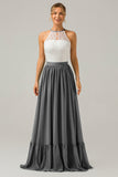 Vestido de dama de honor largo de gasa boho ojo de cerradura de plata con encaje