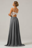 Vestido de dama de honor largo de gasa boho con espalda abierta de plata con encaje