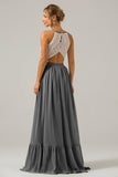 Vestido de dama de honor largo de gasa boho ojo de cerradura de plata con encaje