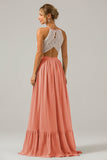 Vestido de dama de honor largo de gasa boho ojo de cerradura de plata con encaje
