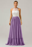 Vestido de dama de honor largo de gasa boho ojo de cerradura de plata con encaje