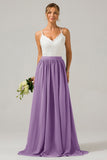 Vestido de dama de honor largo de gasa boho con espalda abierta de plata con encaje