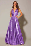 Vestido formal plisado en línea A metálico dorado