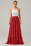 Vestido de dama de honor largo de gasa boho ojo de cerradura de terracota con encaje