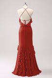 Vestido largo de dama de honor de gasa con volantes halter de sirena de Salvia polvorienta