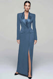 Vestido Blazer de Doble Botonadura con Solapa de Pico Negro para Mujer con Abertura