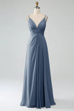 Gris acero A-Line Spaghetti Trapes Plisado Gasa Largo Vestido De Dama De Honor