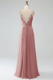 Malva vintage A-Line Spaghetti Trapes Plisado Gasa Largo Vestido De Dama De Honor