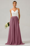 Vestido de dama de honor largo de gasa boho con espalda abierta de terracotta con encaje