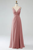 Malva vintage A-Line Spaghetti Trapes Plisado Gasa Largo Vestido De Dama De Honor