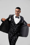 Solapa de pico Jacquard negro 3 piezas Un botón Trajes de fiesta para hombre