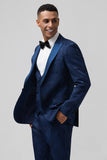 Trajes de fiesta para hombre negros de 3 piezas en jacquard con solapa de pico con un botón