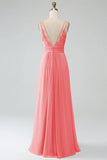 Malva vintage A-Line Spaghetti Trapes Plisado Gasa Largo Vestido De Dama De Honor
