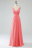 Malva vintage A-Line Spaghetti Trapes Plisado Gasa Largo Vestido De Dama De Honor