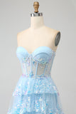 Vestido de fiesta de tul escalonado sin tirantes lavanda con apliques
