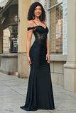 Vestido de fiesta largo de sirena negro con hombros descubiertos y purpurina