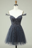 Vestido de cóctel corto con tirantes finos azul marino con Apliques