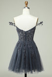 Vestido de cóctel corto con tirantes finos azul marino con Apliques