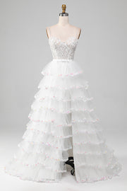 Vestido de fiesta con corsé de falda con volantes de lentejuelas brillantes blancas de una línea A con abertura
