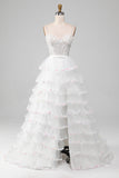 Vestido de fiesta con corsé de falda con volantes de lentejuelas brillantes blancas de una línea A con abertura