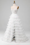 Vestido de fiesta con corsé de falda con volantes de lentejuelas brillantes blancas de una línea A con abertura