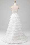 Vestido de fiesta con corsé de falda con volantes de lentejuelas brillantes blancas de una línea A con abertura